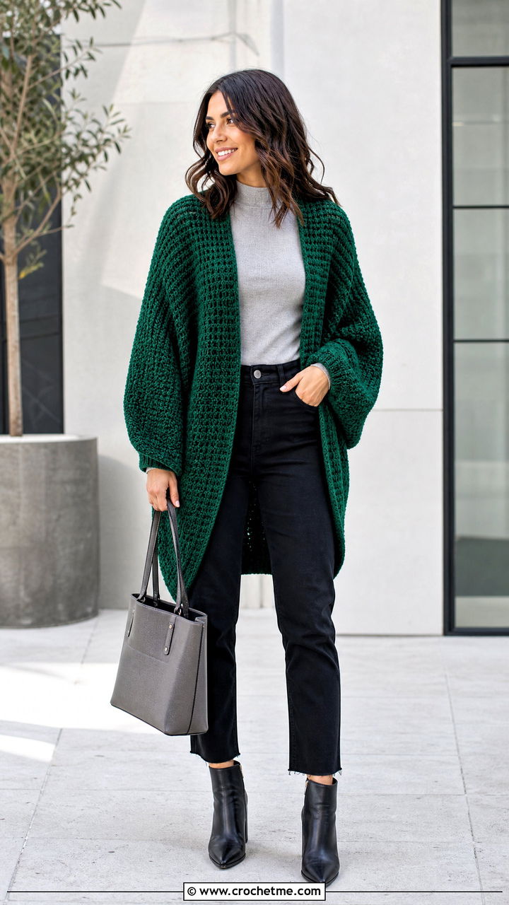 Cocoon Crochet Cardigan With Slim Jeans - 35 crocheted cardigan outfit ideas