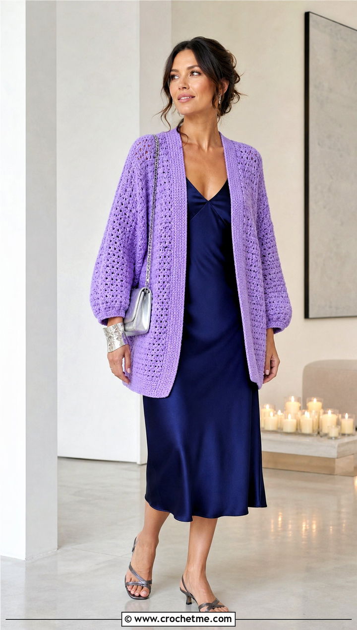 Cocoon Crochet Cardigan With Slip Dress - 15 easiest crochet cardigan outfit ideas