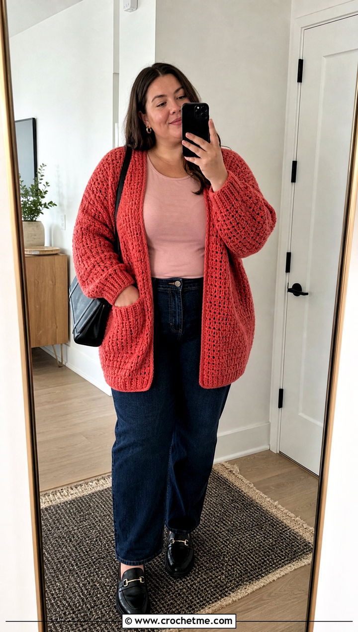 Cocoon Crochet Cardigan With Straight Leg Jeans - 15 Crochet Womens Cardigans outfit ideas