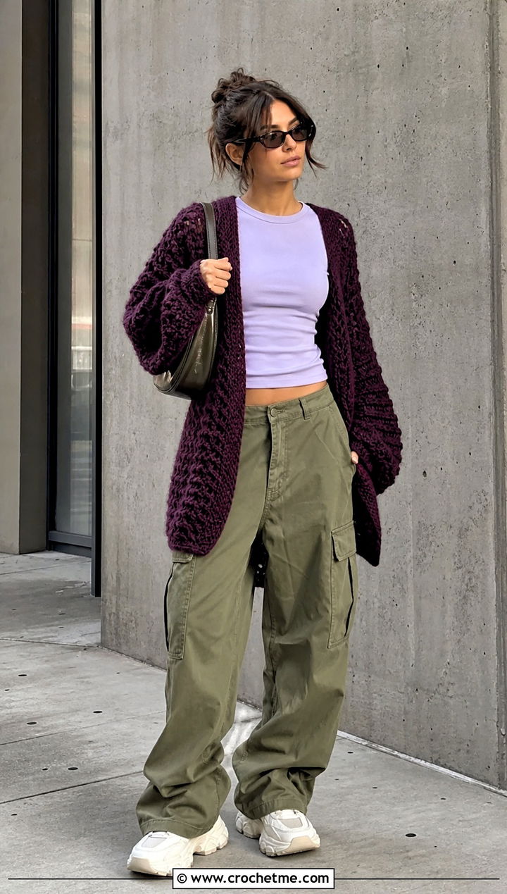 Cocoon Crochet Cardigan With T Shirt And Cargo Pants - 30 diy crochet cardigan outfit ideas