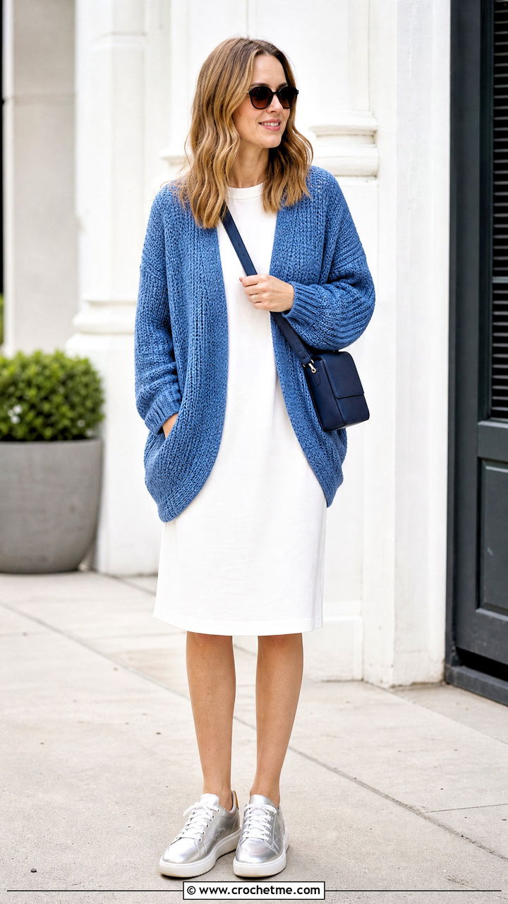 Cocoon Crochet Cardigan With T Shirt Dress - 35 crochet cardigans outfit ideas