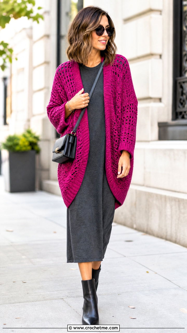 Cocoon Crochet Cardigan With T Shirt Dress - 35 crochet cardigan women outfit ideas