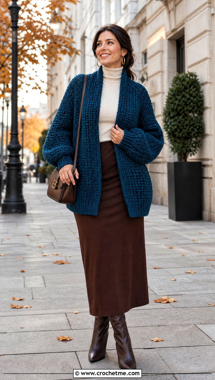 Cocoon Crochet Cardigan With Turtleneck And Maxi Skirt - 15 Easy Crochet Cardigan For Women outfit ideas
