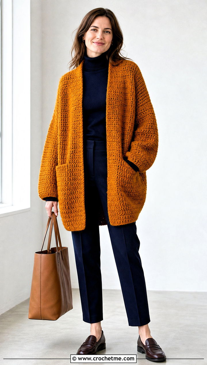 Cocoon Crochet Cardigan With Turtleneck And Straight Pants - 35 ladies crochet cardigan outfit ideas
