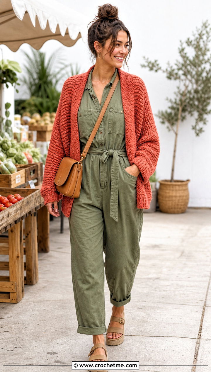 Cocoon Crochet Cardigan With Utility Jumpsuit - 15 Mid Summer Crochet Cardigan outfit ideas