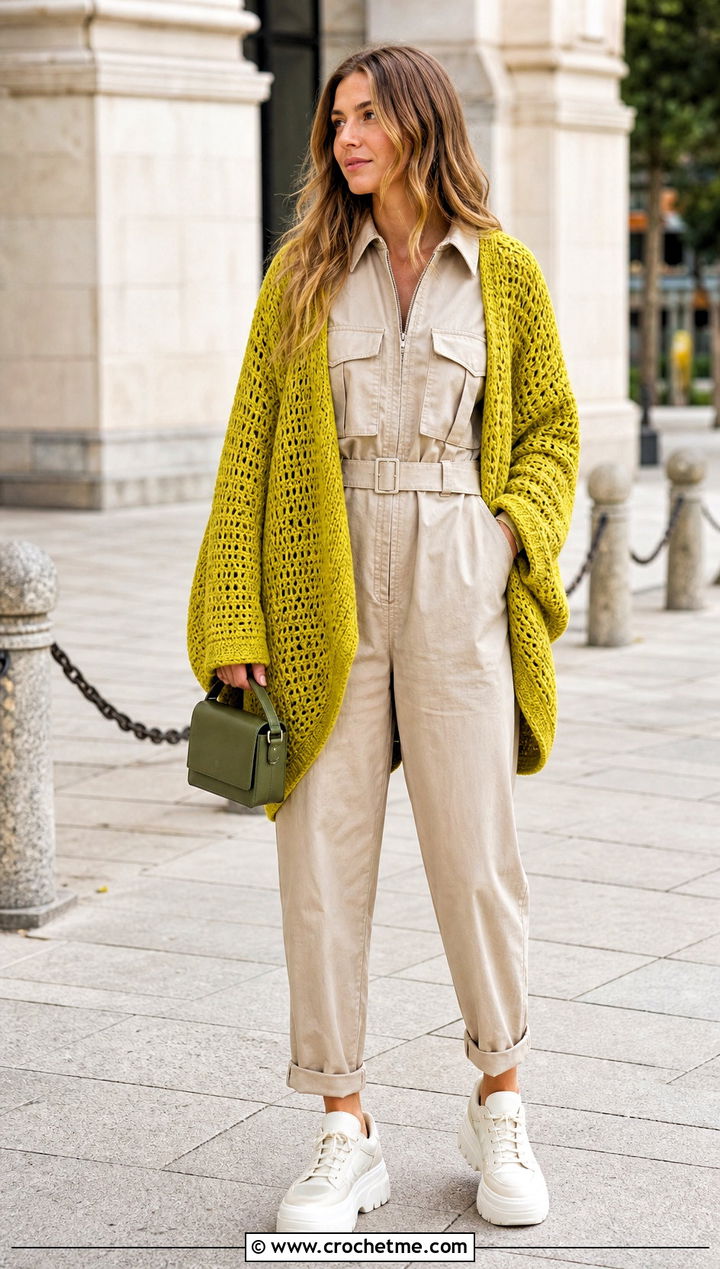 Cocoon Crochet Cardigan With Utility Jumpsuit - 30 3 weight yarn crochet cardigan outfit ideas