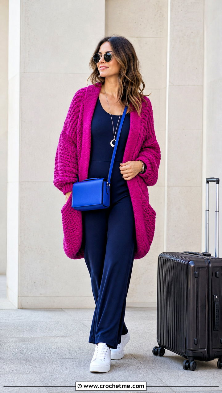 Cocoon Crochet Cardigan With a Tank Jumpsuit - 30 cute crochet cardigans outfit ideas