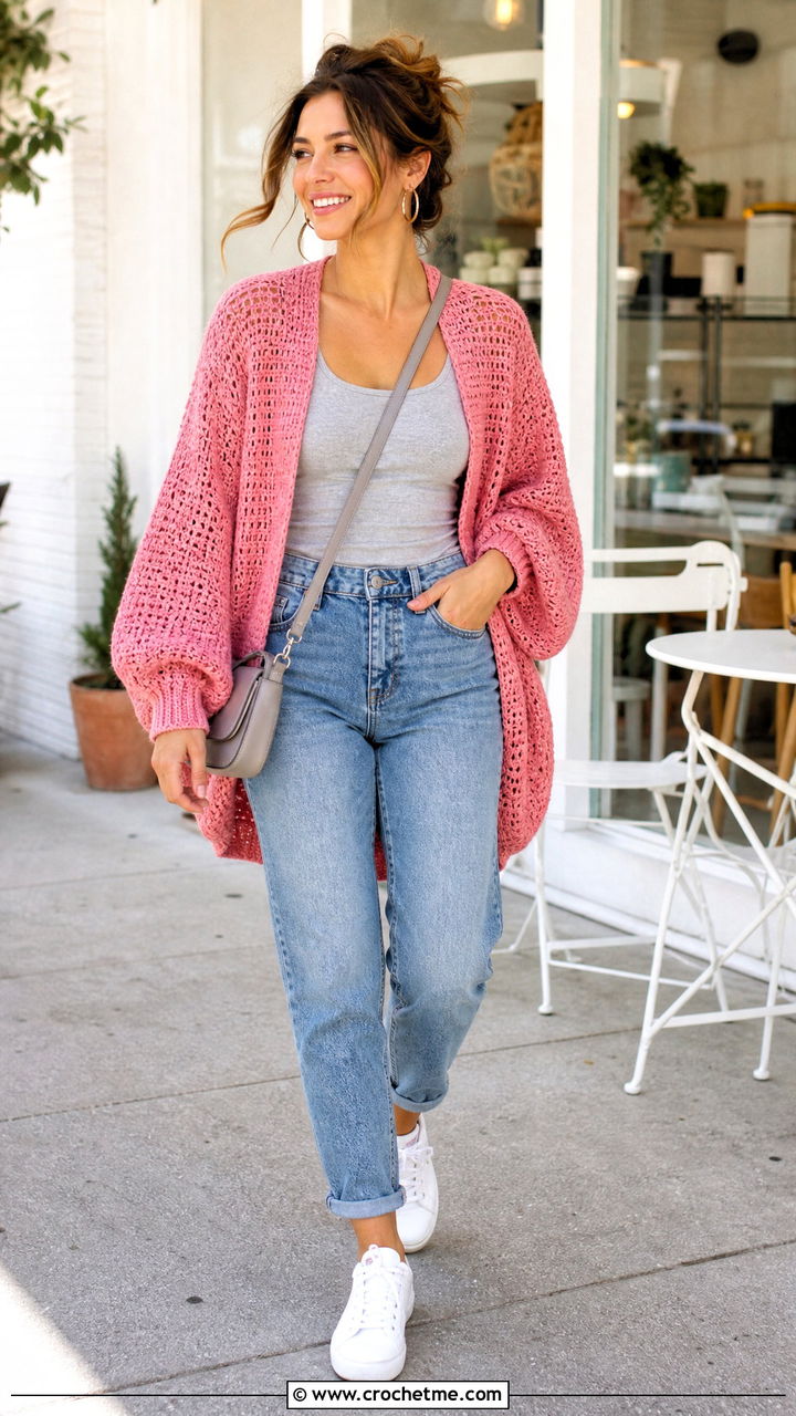 Cocoon Crochet Cardigan With a Tank and Mom Jeans - 35 beginner crochet cardigan outfit ideas