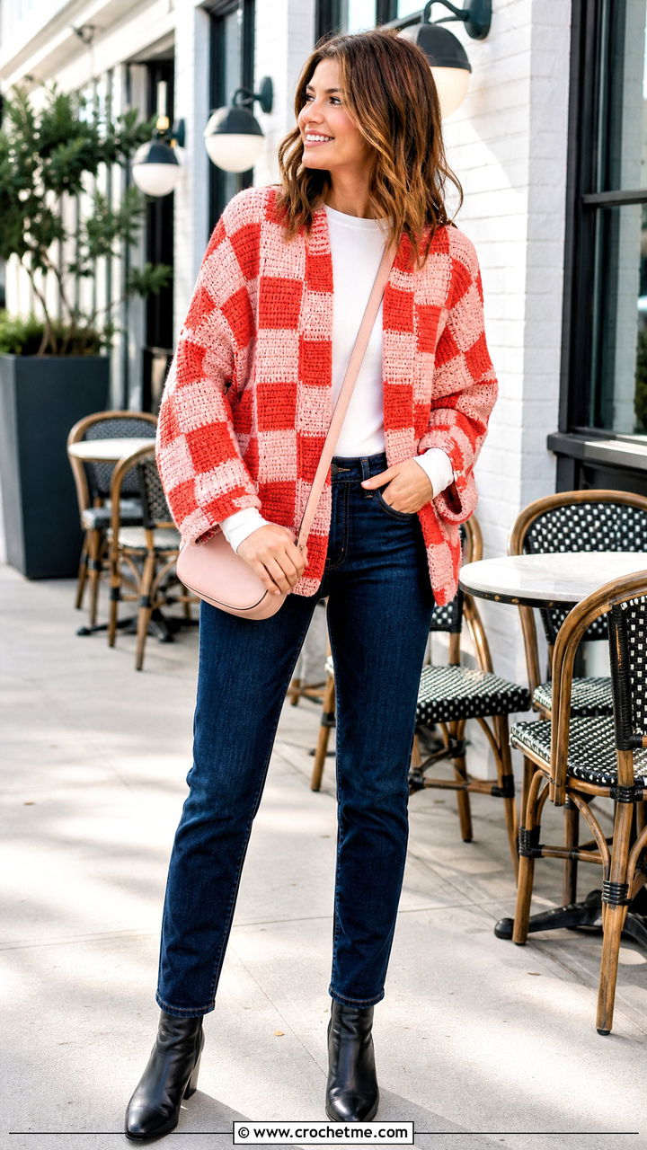 Cocoon Crochet Checkered Cardigan With Slim Jeans - 35 crochet checkered cardigan outfit ideas