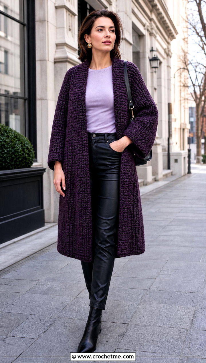 Cocoon Crochet Coat With Faux Leather Pants - 15 crochet coat size m outfit ideas