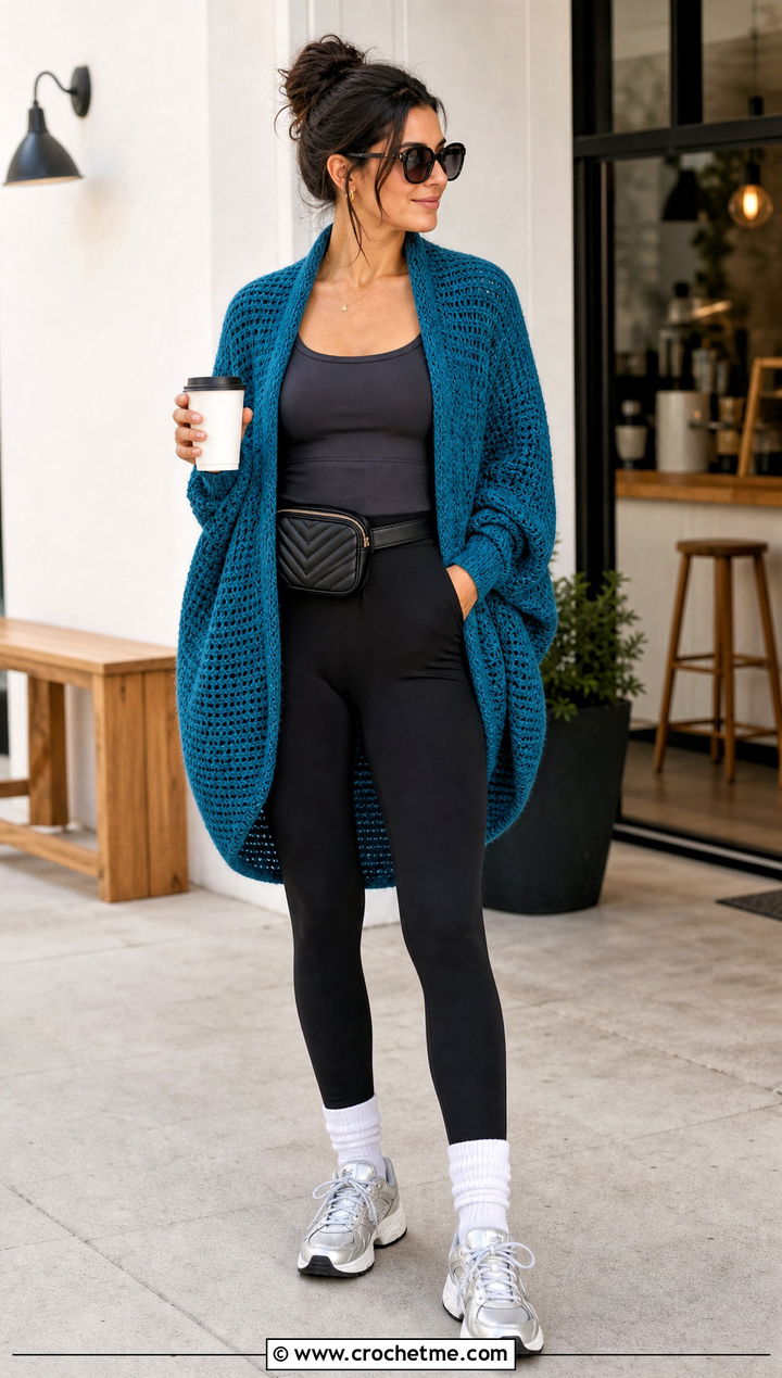 Cocoon Crochet Drape Cardigan With Leggings - 15 Crochet Drape Cardigan outfit ideas