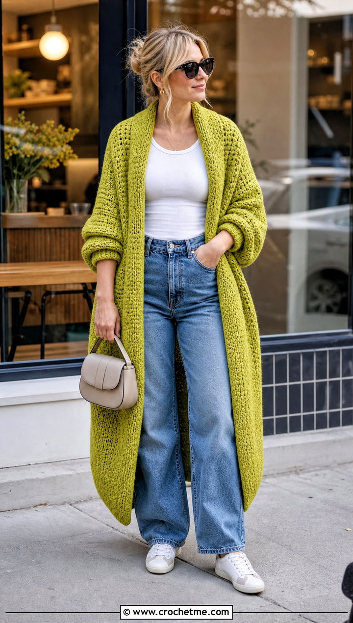 Cocoon Crochet Duster With Barrel Jeans - 25 Easy Crochet Duster outfit ideas