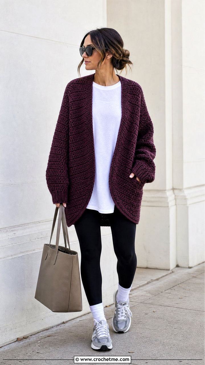 Cocoon Crochet Fall Cardigan With Leggings - 35 crochet fall cardigan outfit ideas