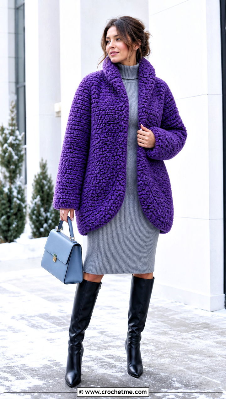 Cocoon Crochet Fur Jacket With Sweater Dress - 30 crochet fur jacket outfit ideas