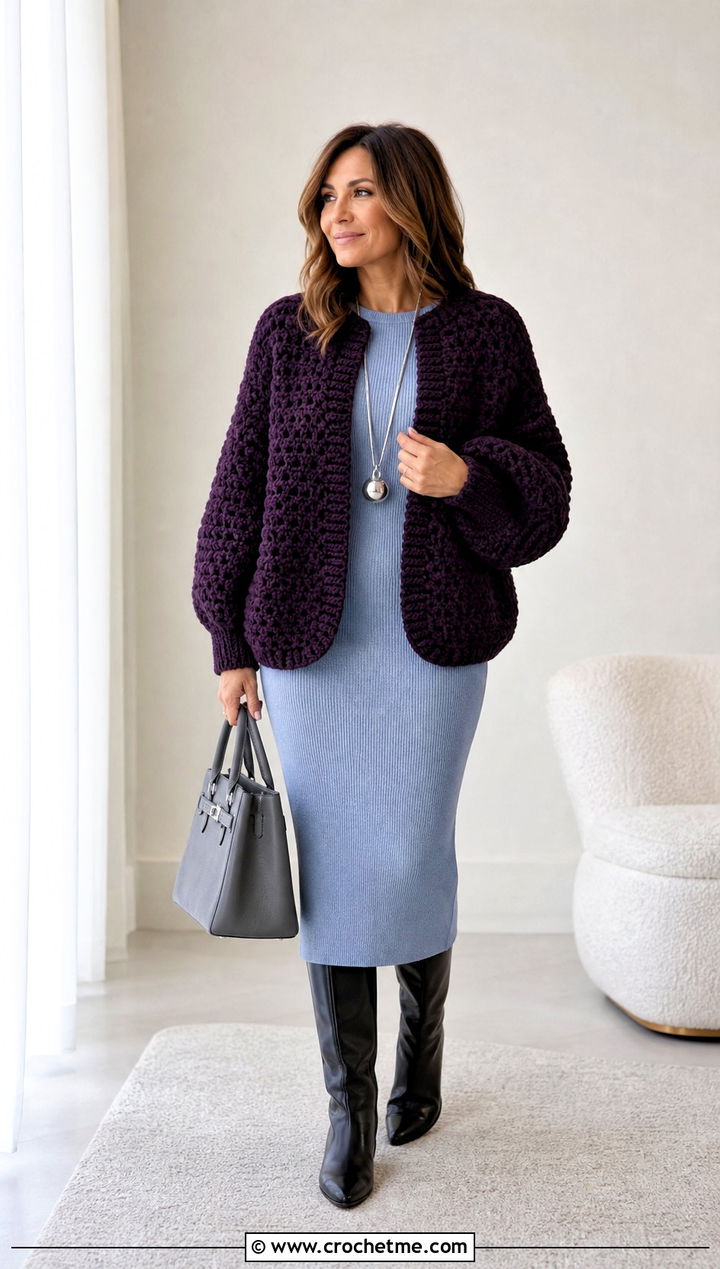 Cocoon Crochet Jacket With Knit Midi Dress - 25 crochet jacket for women outfit ideas