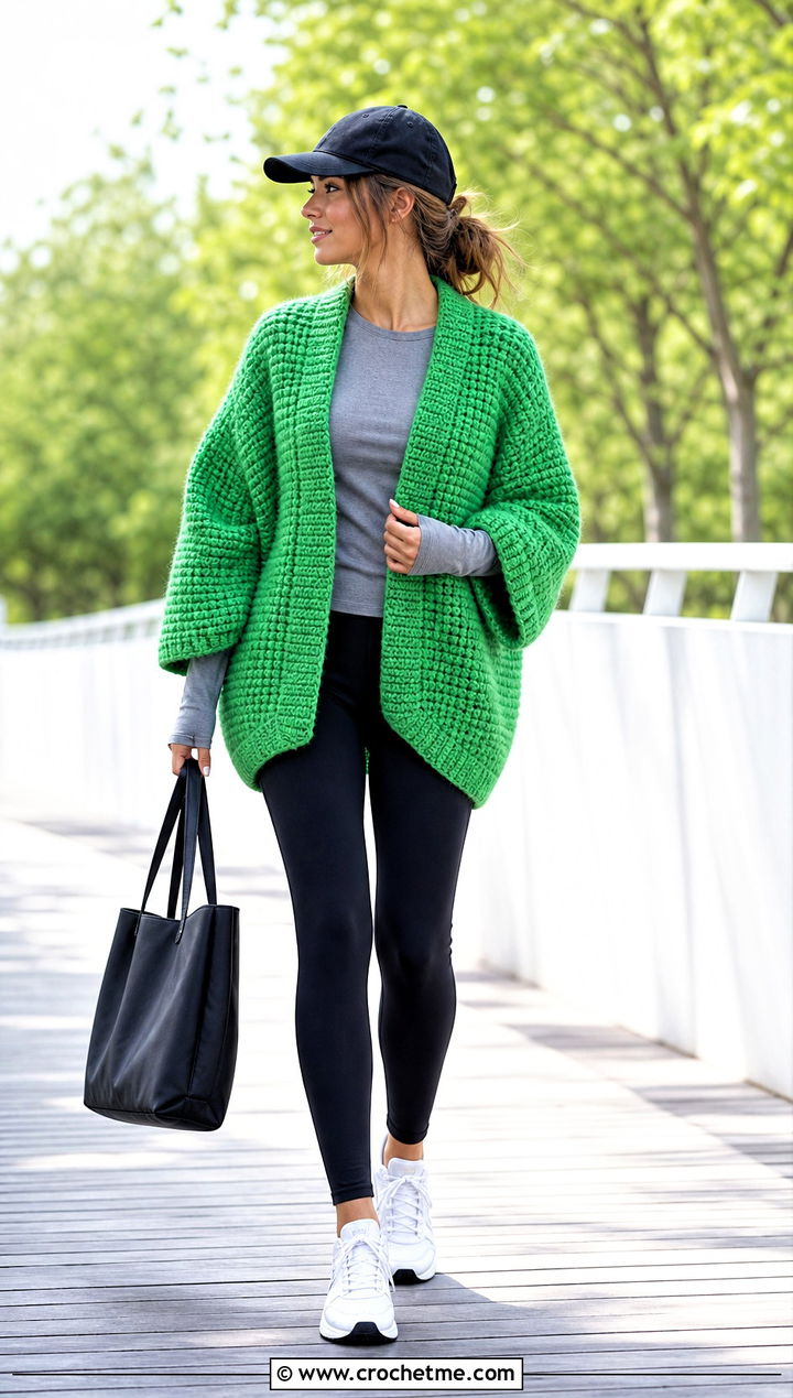 Cocoon Crochet Jacket With Leggings And Sneakers - 15 beginner crochet jacket ideas