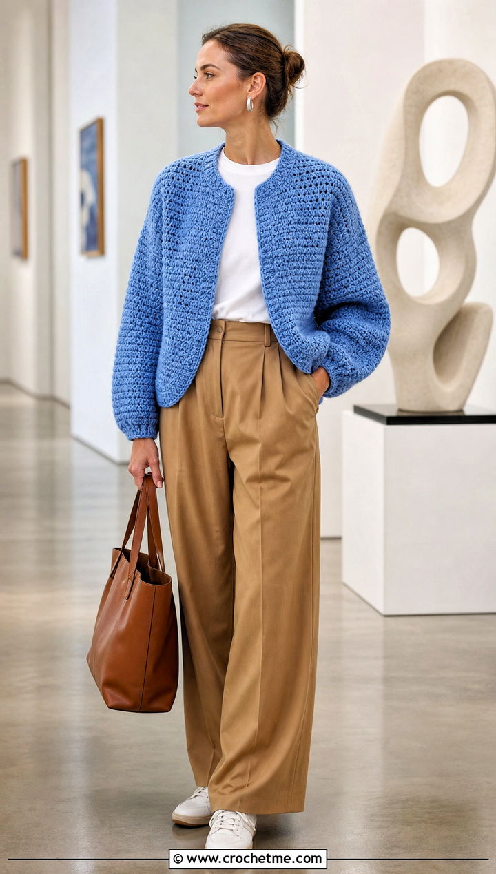 Cocoon Crochet Jacket With Pleated Trousers - 15 crochet vest coats & jackets outfit ideas