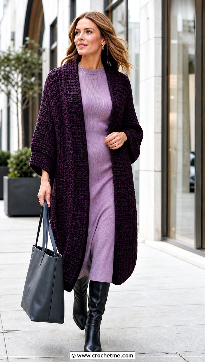 Cocoon Crochet Kimono With Knit Midi Dress - 25 easy crochet kimono outfit ideas