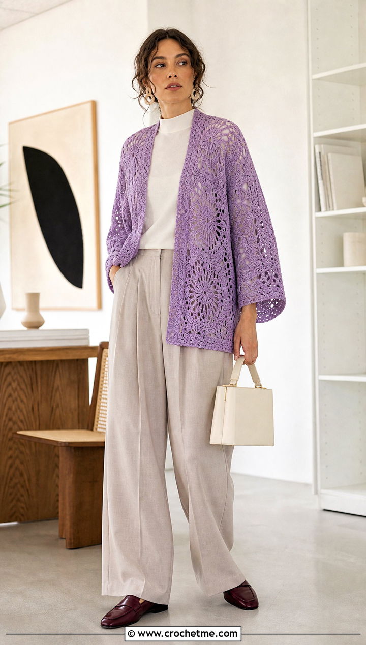 Cocoon Crochet Lace Kimono With Pleated Trousers - 25 crochet lace kimono outfit ideas