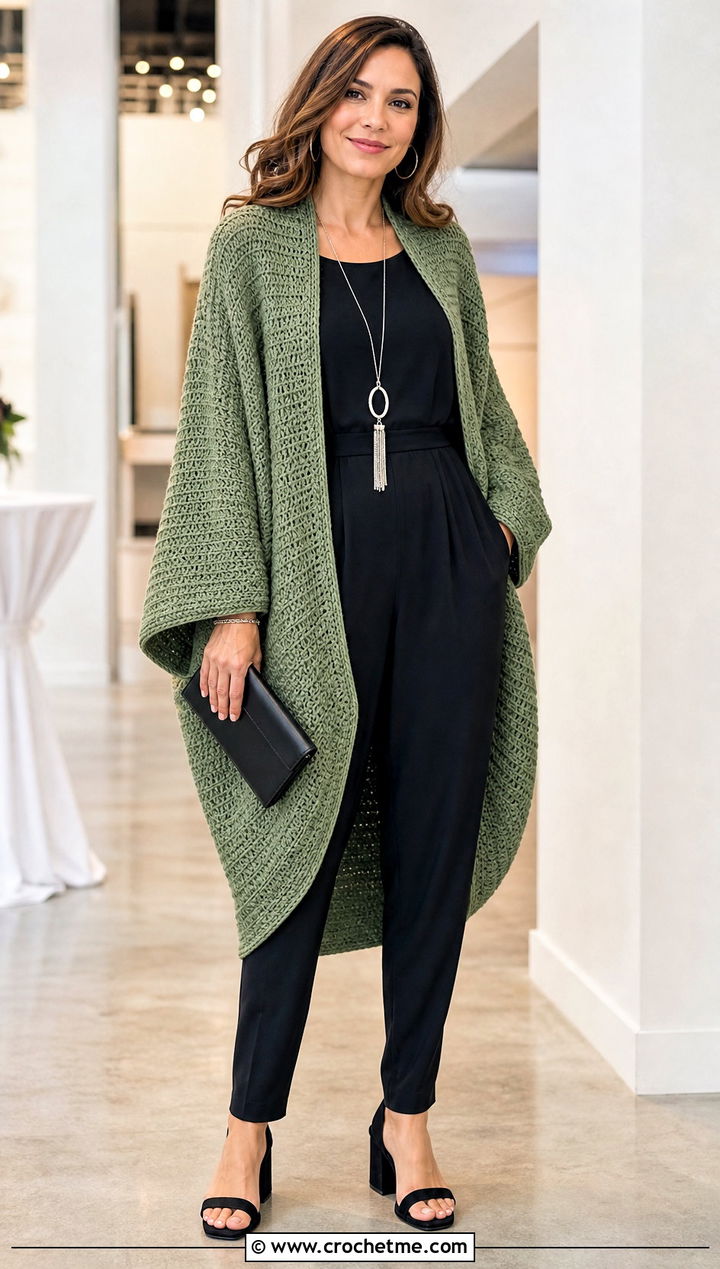 Cocoon Crochet Long Cardigan With a Jumpsuit - 20 Easy Crochet Long Cardigan outfit ideas