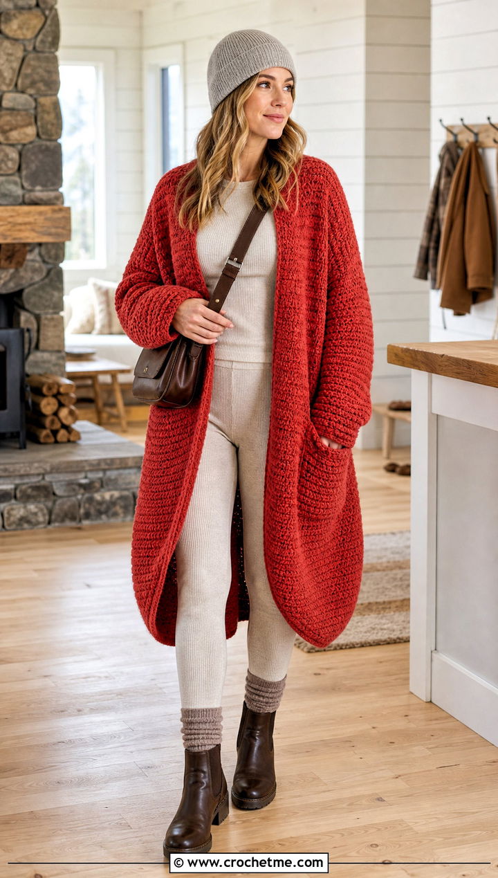 Cocoon Crochet Long Coat With Thermal Set - 35 crochet long coat outfit ideas