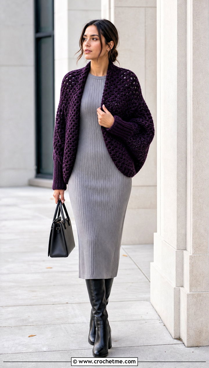 Cocoon Crochet Long Sleeve Shrug With Knit Dress And Boots - 30 crochet long sleeve shrug outfit ideas