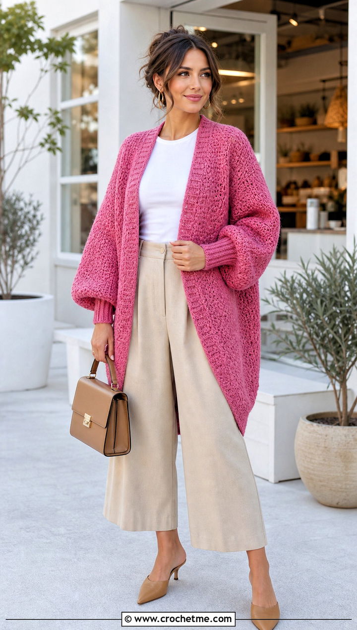 Cocoon Crochet Long Sweater With Wide Leg Culottes - 35 crochet long sweater outfit ideas