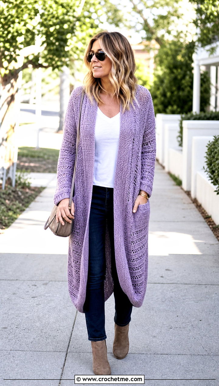 Cocoon Crochet Maxi Cardigan With Slim Jeans - 30 crochet long cardigan sweater coats outfit ideas