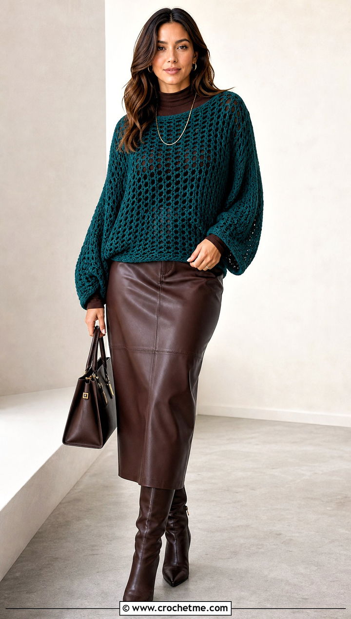 Cocoon Crochet Mesh Sweater With Faux Leather Midi Skirt - 35 oversized crochet mesh sweater outfit ideas