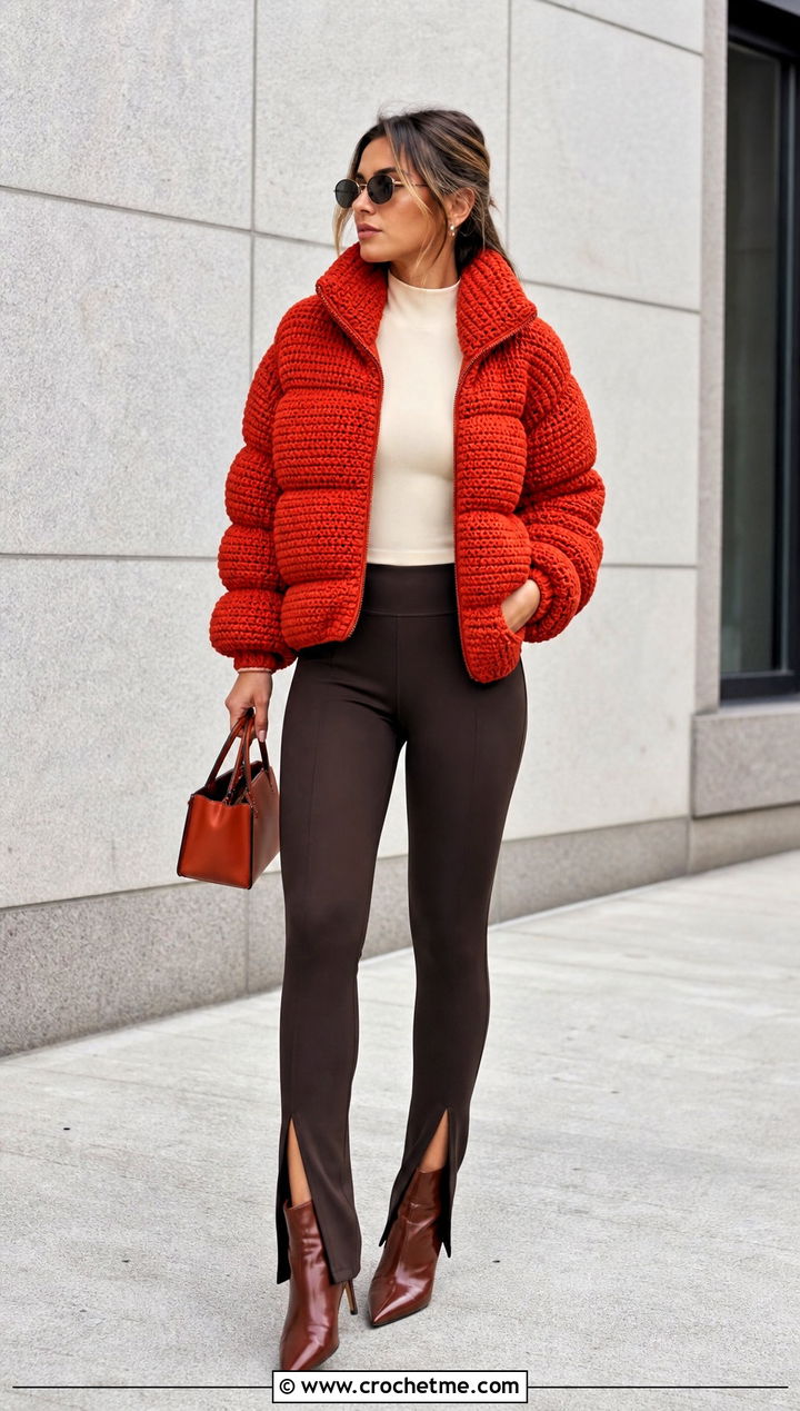 Cocoon Crochet Puffer Jacket With Split Hem Leggings - 35 crochet puffer jacket outfit ideas