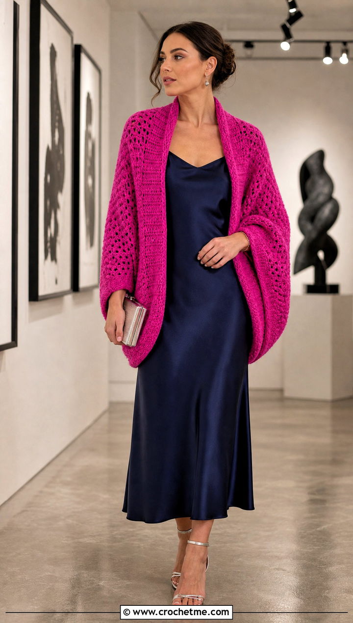 Cocoon Crochet Shawl Sweater With Slip Dress - 25 crochet shawl sweater outfit ideas