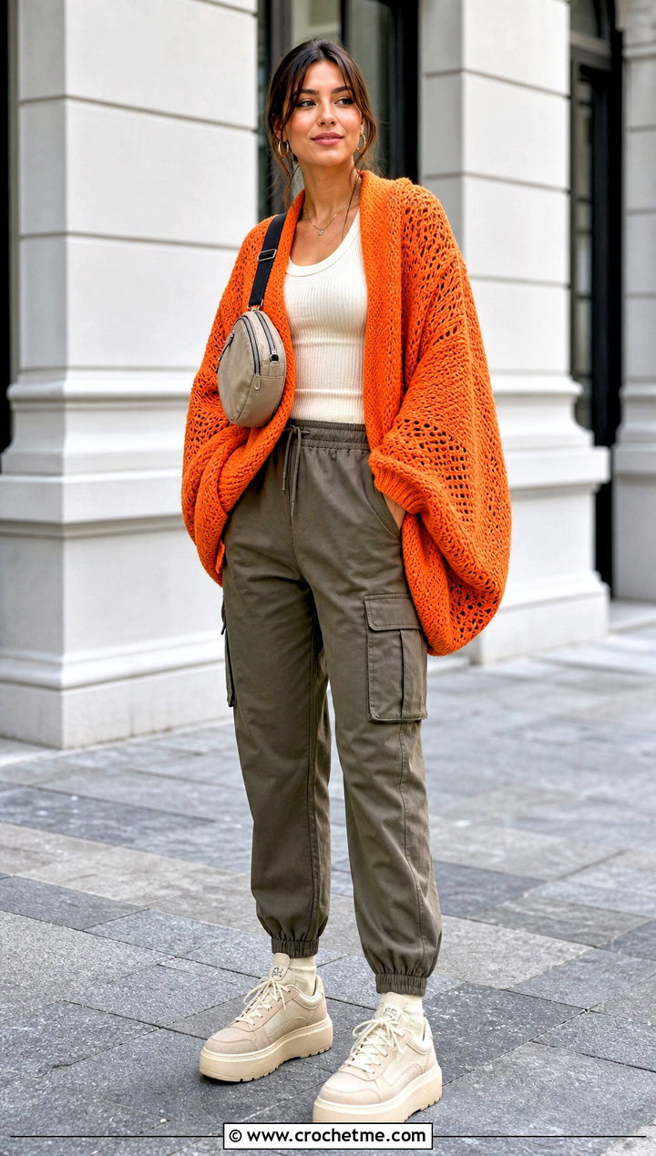 Cocoon Crochet Shawl With Sleeves And Cargo Pants - 35 crochet shawl with sleeves outfit ideas