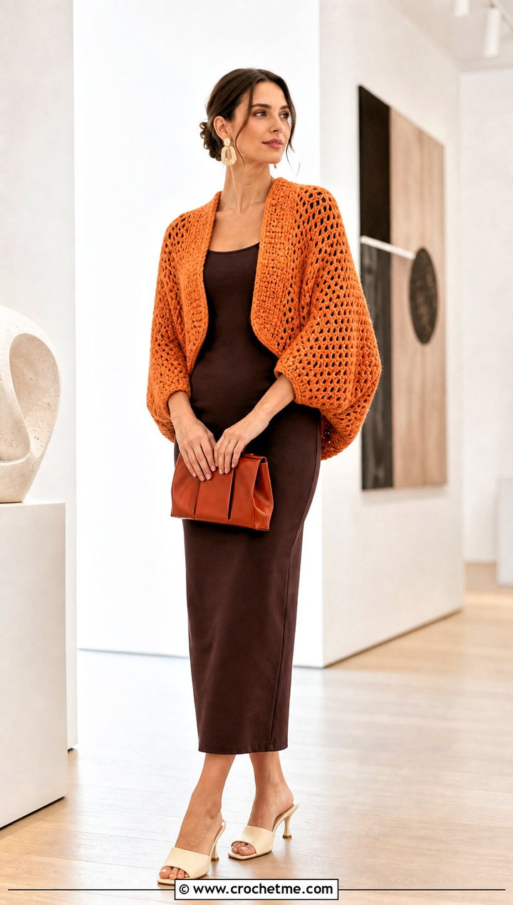 Cocoon Crochet Shrug Sweater With Column Dress - 30 crochet shrug sweater outfit ideas