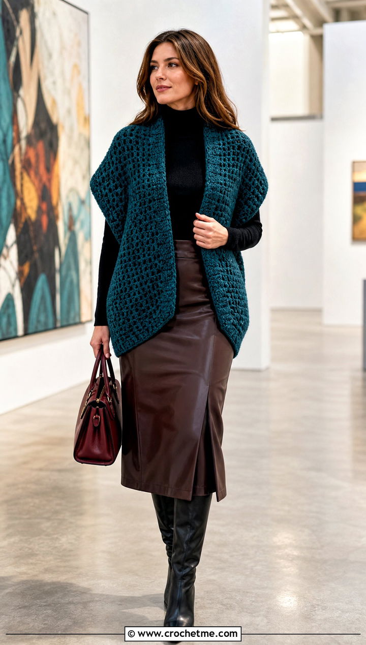 Cocoon Crochet Shrug Vest With Leather Midi Skirt - 15 crochet shrug vest outfit ideas