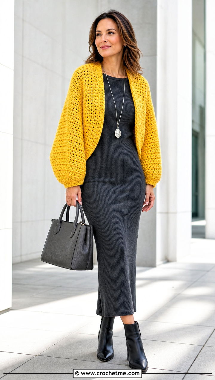 Cocoon Crochet Shrug With Column Dress - 25 beginner crochet clothing and outfit ideas