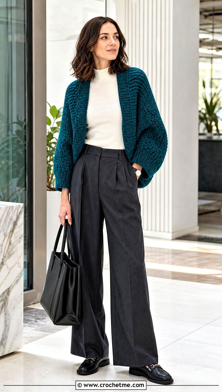 Cocoon Crochet Shrug With Tailored Trousers - 25 cute crochet shrug outfit ideas