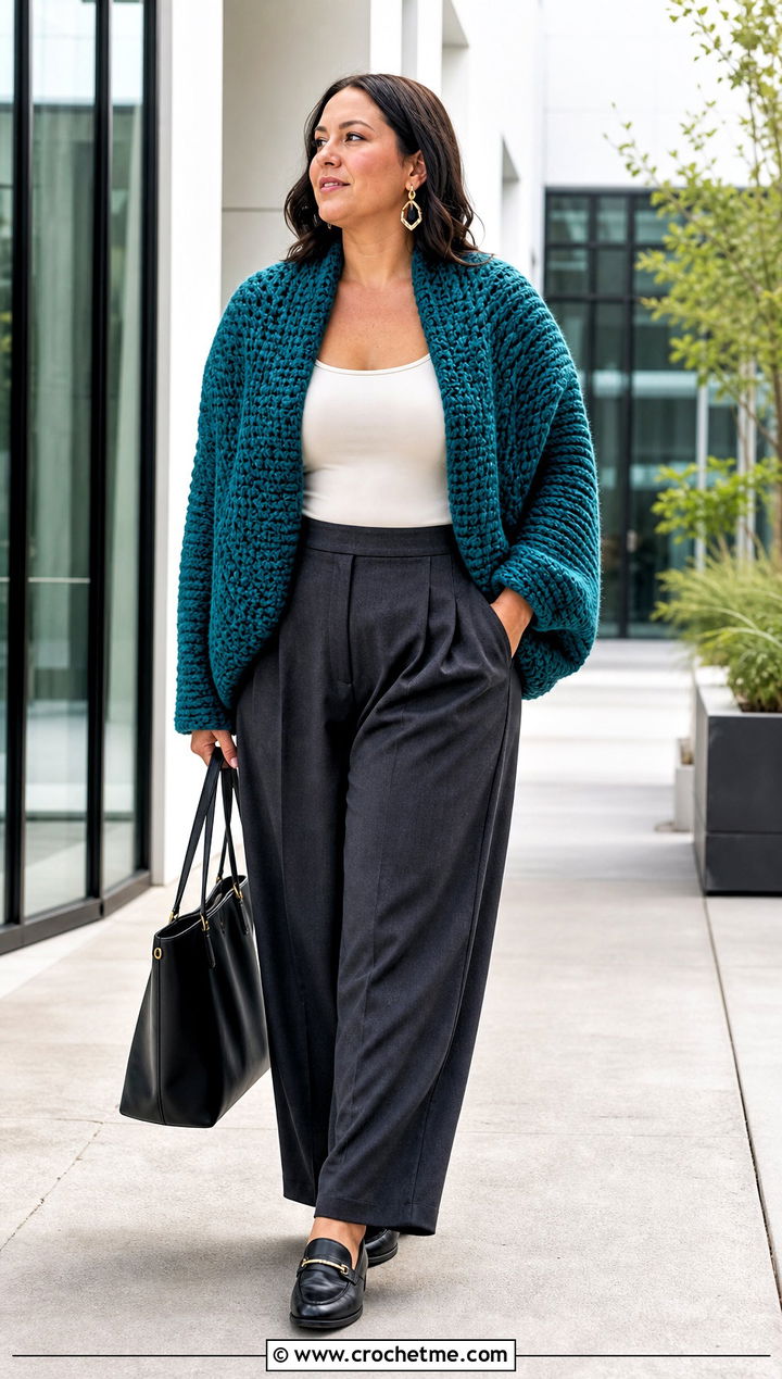 Cocoon Crochet Shrug Wrap With Wide Leg Trousers - 25 crochet shrug wrap outfit ideas