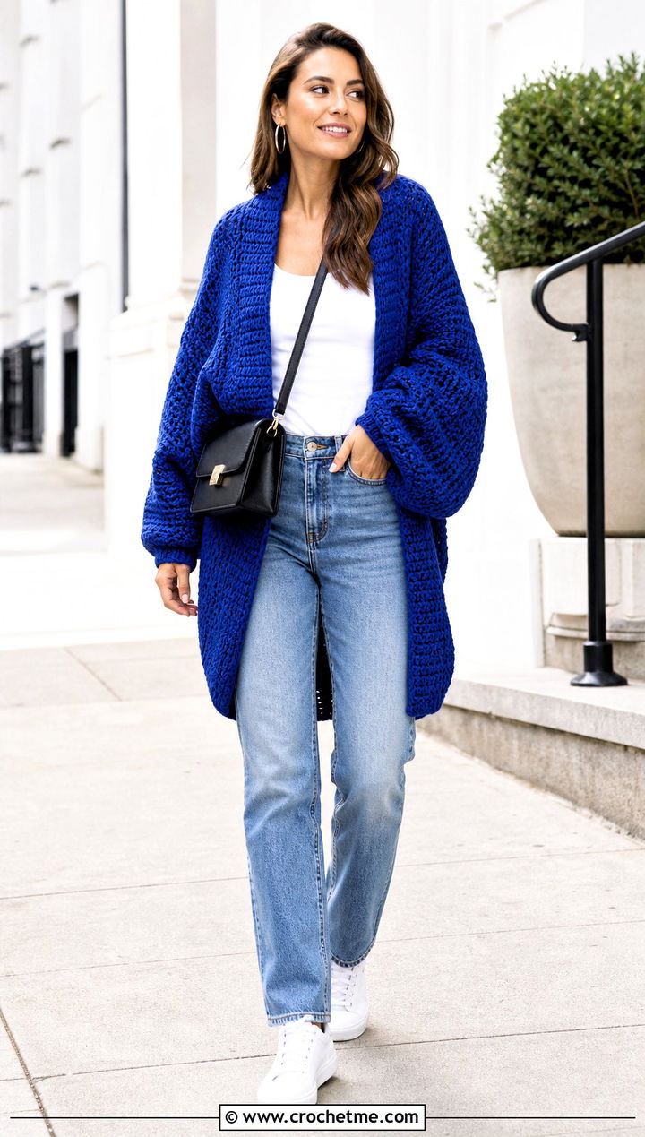 Cocoon Crochet Sweater Blanket With Straight Leg Jeans - 25 crochet sweater blanket outfit ideas