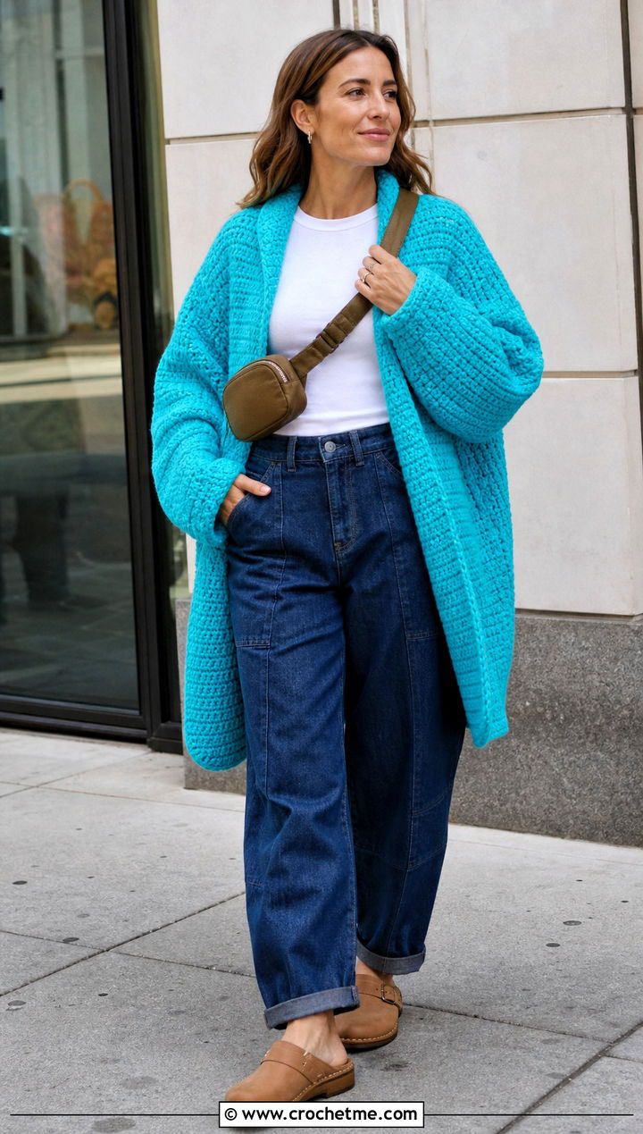 Cocoon Crochet Sweater Coat With A T Shirt And Barrel Jeans - 20 Crochet Sweater Coat outfit ideas