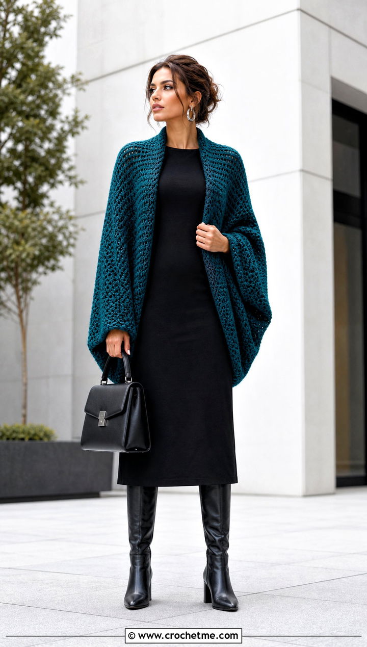 Cocoon Crochet Sweater Shrug With Column Dress - 30 crochet sweater shrug outfit ideas