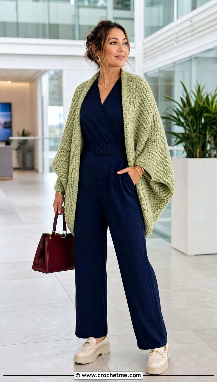 Cocoon Crochet Waffle Stitch Cardigan With Jumpsuit - 25 crochet waffle stitch cardigan outfit ideas