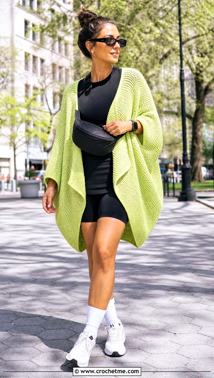 Cocoon Crochet Waterfall Cardigan With Bike Shorts - 25 crochet waterfall cardigan outfit ideas