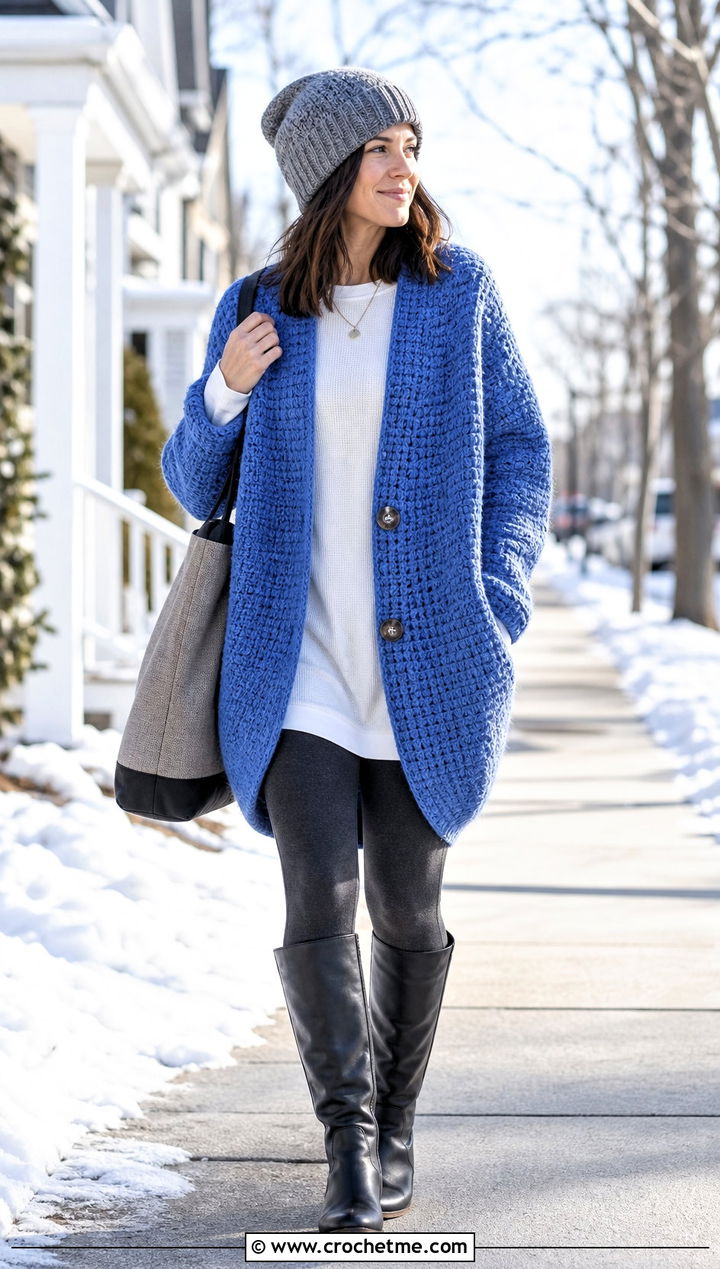 Cocoon Crochet Winter Cardigan With Leggings - 25 crochet winter cardigan outfit ideas