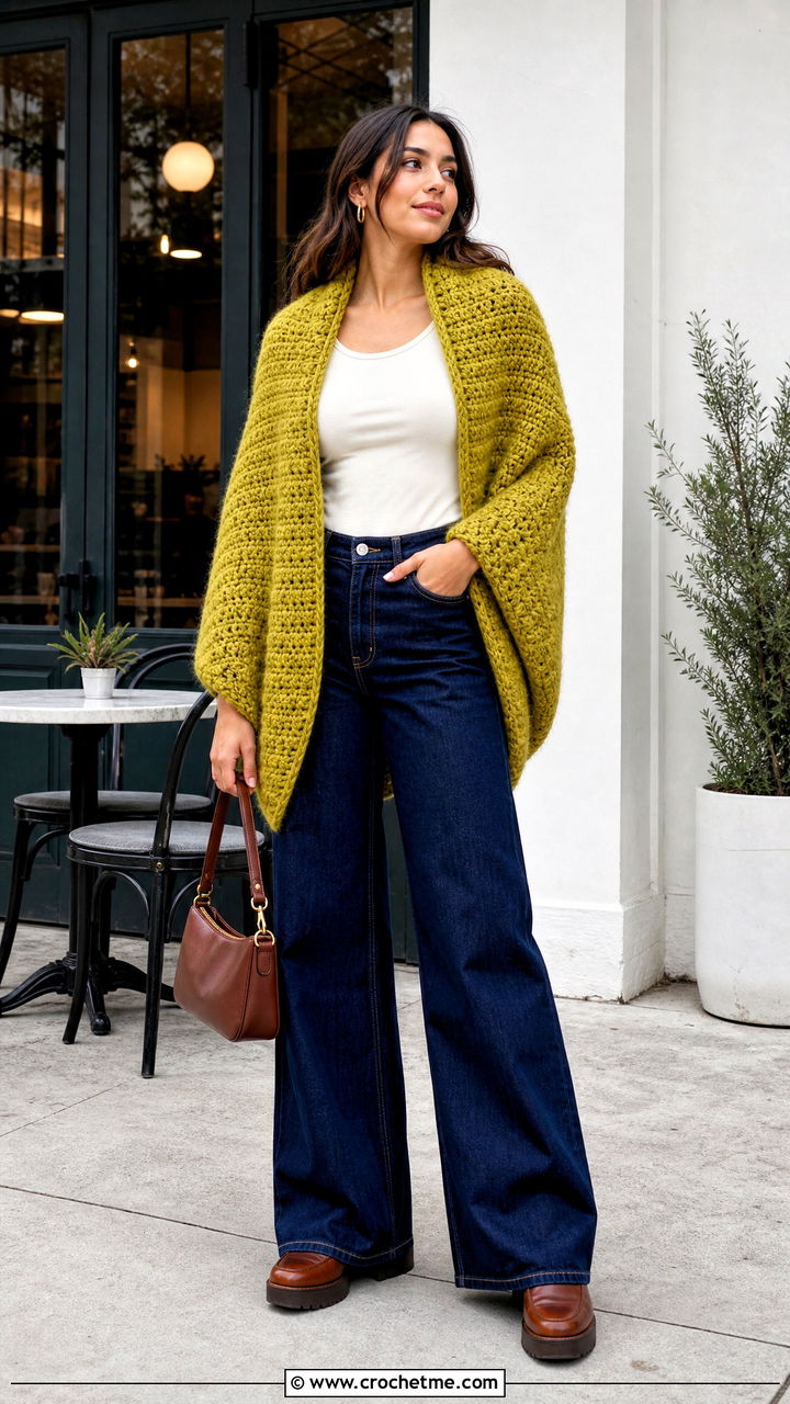 Cocoon Crochet Wrap With Wide Leg Jeans - 35 crochet wrap outfit ideas