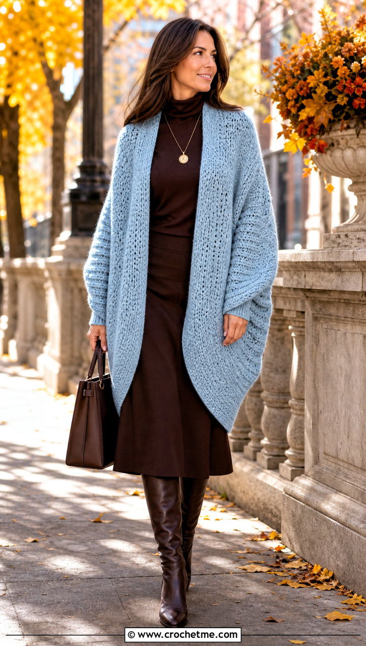 Cocoon Crocheted Kimono With Turtleneck And Midi Skirt - 25 Crocheted Kimono outfit ideas