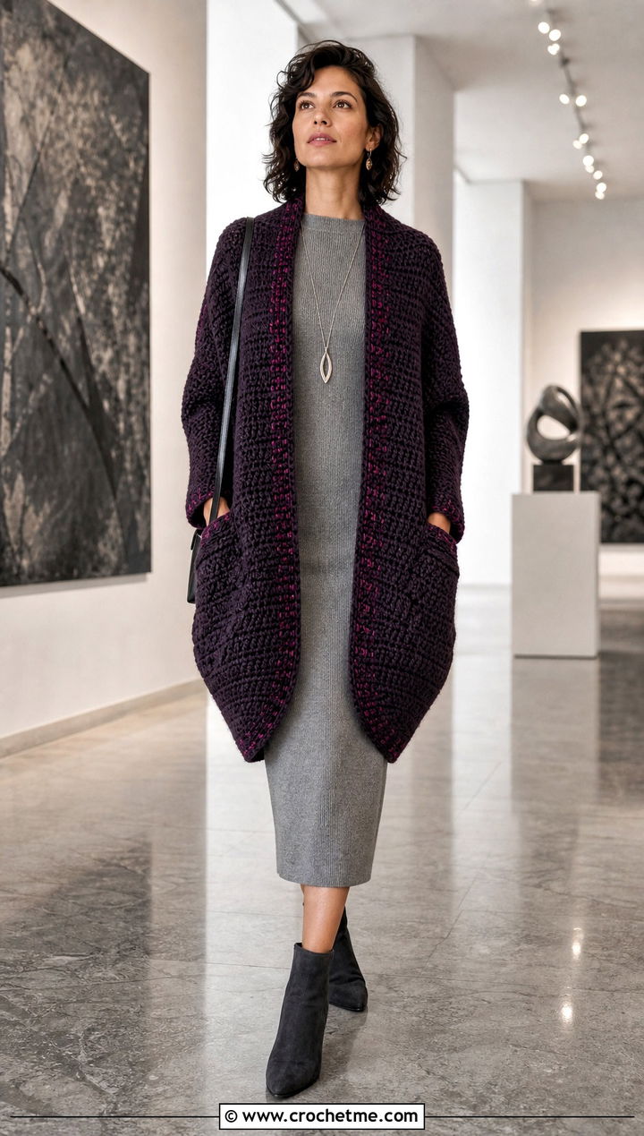 Cocoon Crocheted Sweater Coat With Knit Column Dress - 15 colorful crocheted sweater coat outfit ideas