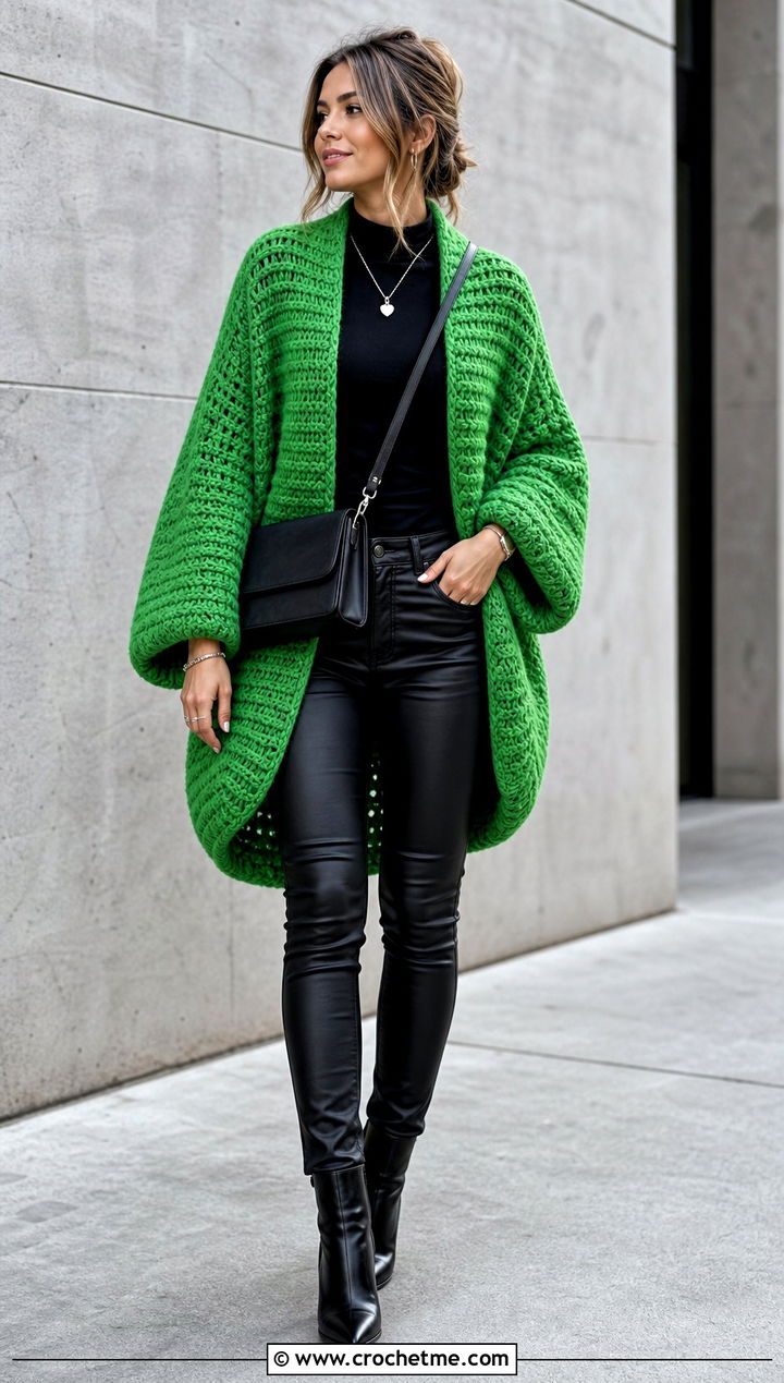 Cocoon DK Crochet Cardigan With Faux Leather Pants - 20 Dk Crochet Cardigan outfit ideas