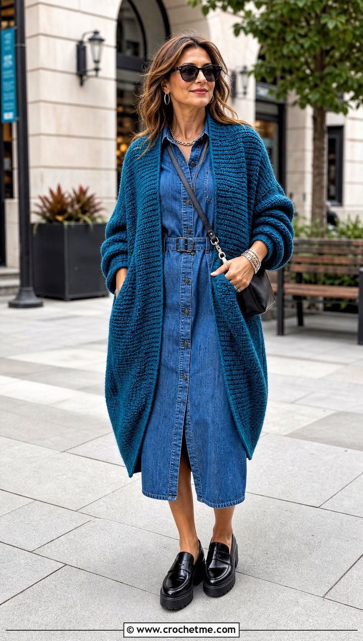 Cocoon Double Crochet Cardigan With Denim Dress - 25 Double Crochet Cardigan outfit ideas