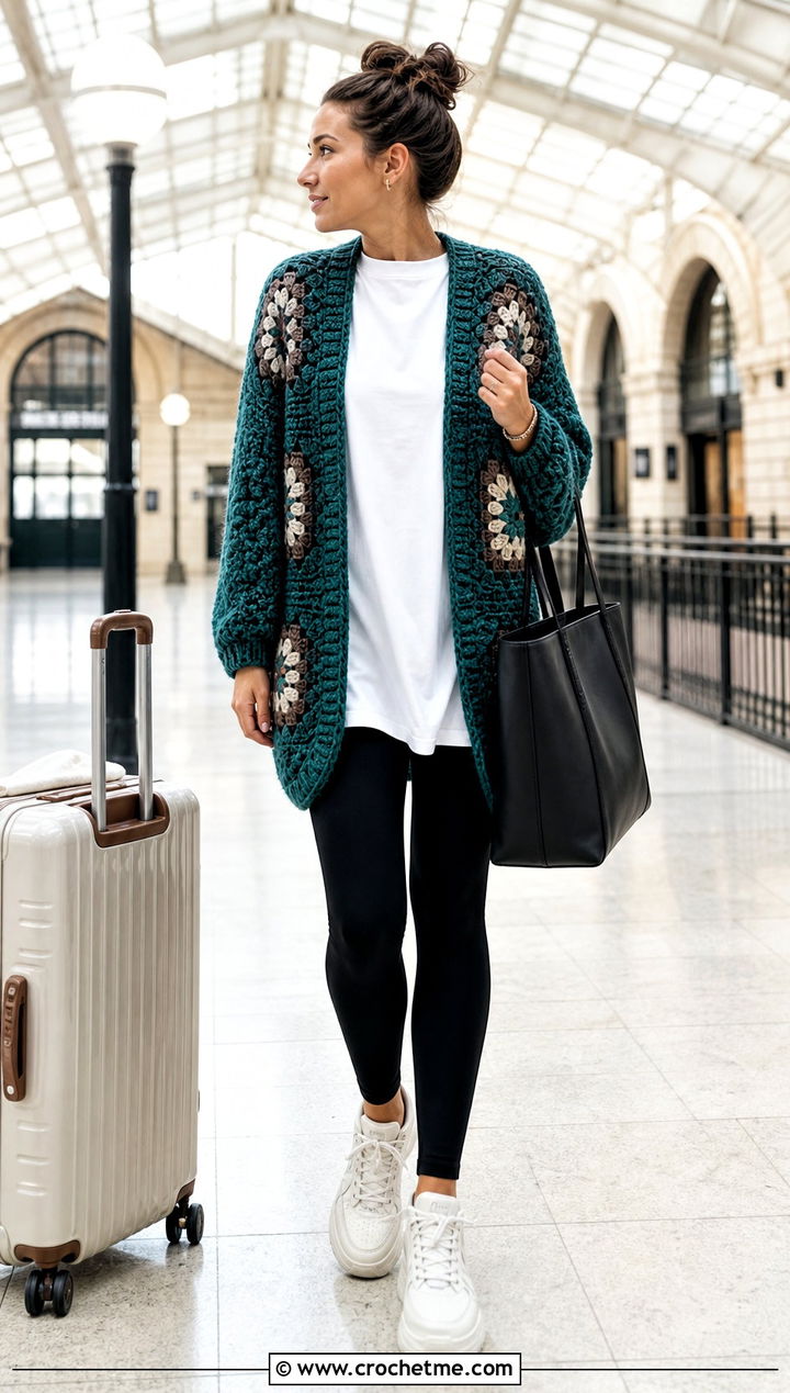 Cocoon Giant Granny Square Cardigan With Leggings - 35 giant granny square cardigan outfit ideas