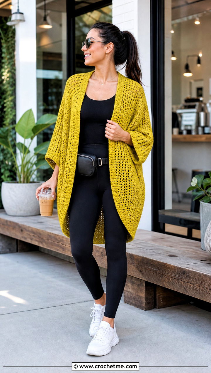 Cocoon Gold Crochet Cardigan With Leggings And Sneakers - 15 gold crochet cardigan outfit ideas